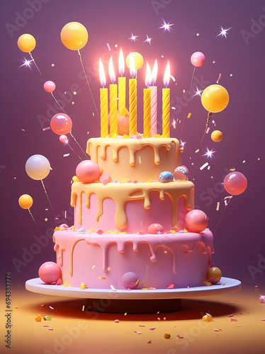 3d pink birthday cake with candles confetti
