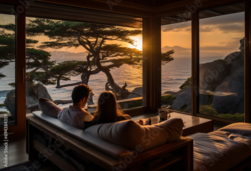 Two people on a couch relaxing over an ocean sunrise in a resort with wide open windows, timber frame construction, romantic landscape  © 1by1step