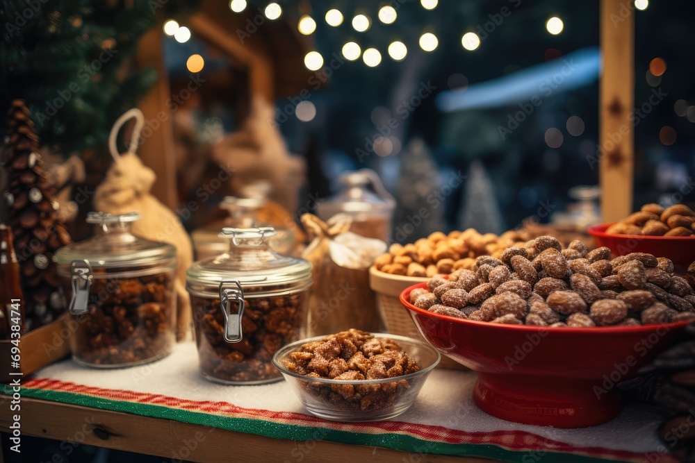 Christmas Market Delicacies - A stall at a Christmas market offering traditional treats like gingerbread and roasted almonds - AI Generated