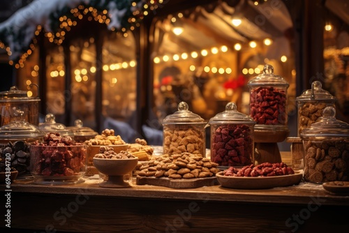 Christmas Market Delicacies - A stall at a Christmas market offering traditional treats like gingerbread and roasted almonds - AI Generated