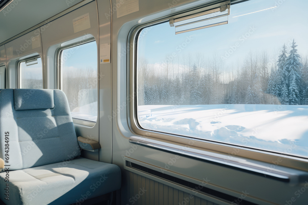 Winter Train Journey - Interior view of a cozy train compartment with a snowy landscape visible through the window - AI Generated Winter Train Journey - Interior view of a cozy train compartment with a snowy landscape visible through the window - AI Generated