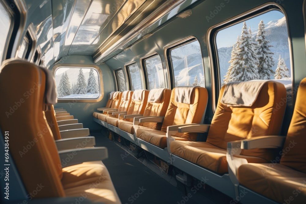 Winter Train Journey - Interior view of a cozy train compartment with a snowy landscape visible through the window
 - AI Generated