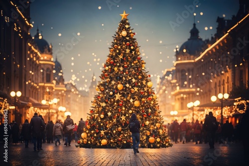 Christmas Tree in Town Square - A large, festively lit Christmas tree in a bustling town square - AI Generated photo