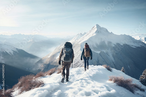 Winter Hike in the Mountains - Hikers exploring a snow-covered mountain trail, with a breathtaking mountain landscape in the background - AI Generated