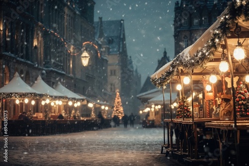 Snowy Christmas Market Evening - An evening view of a snow-covered Christmas market - AI Generated