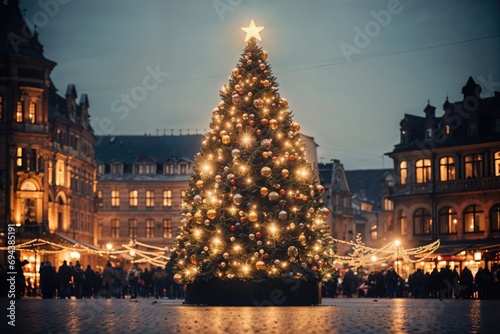 Christmas Tree in Town Square - A large, festively lit Christmas tree in a bustling town square - AI Generated