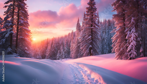 A tranquil winter scene featuring a snow-covered forest trail, with untouched snow, tall trees, and a vibrant pink sky, creating a serene atmosphere.