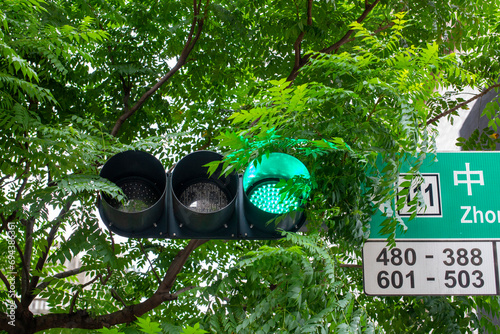 Taiwan, Taipei, pedestrian signal lights, shop signs, traffic lights