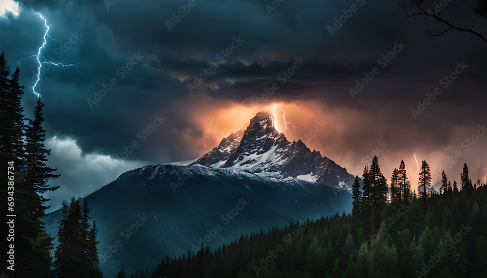 A tall mountain peak towers in stormy skies, with a lone lightning bolt striking its summit amidst dark forests below - obrazy, fototapety, plakaty 