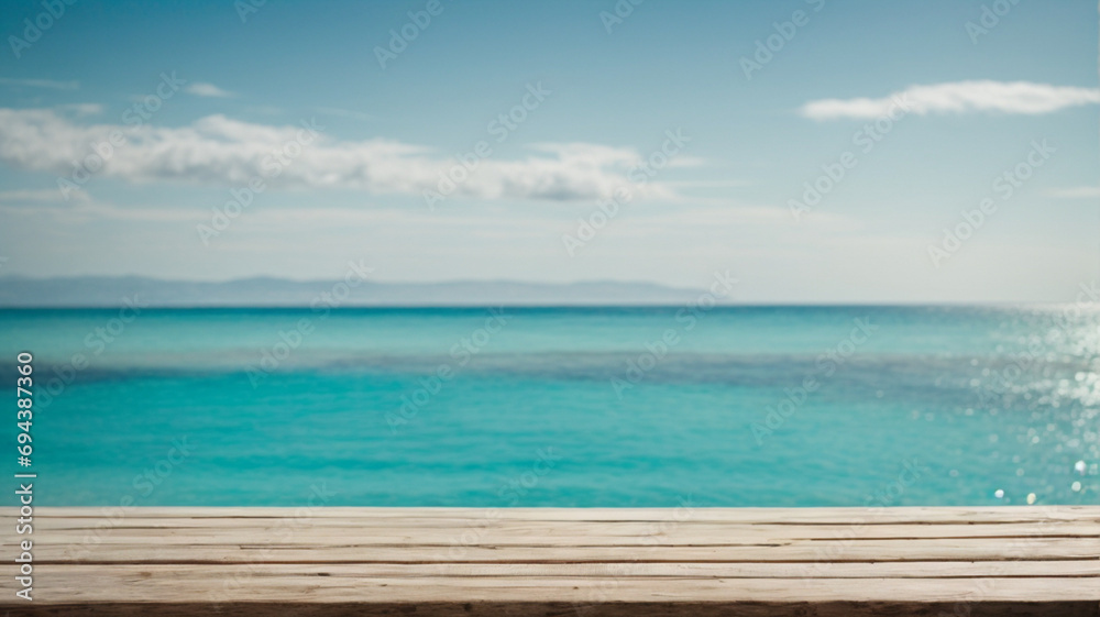 Empty wooden table on the background of the sea, island and blue sky. High quality photo, blurred bokeh. for display of assembly products, space for text Empty wooden table on the background of the sea, island and blue sky. High quality photo, blurred bokeh. for display of assembly products, space for text