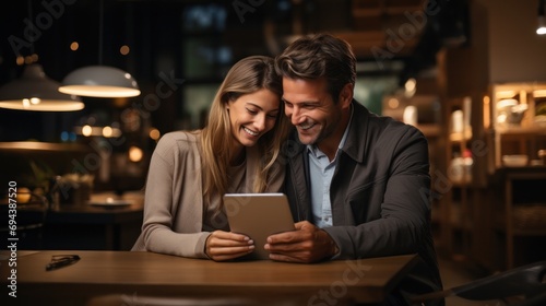 joyful couple shares a moment over a digital tablet in a cozy cafe setting, their intimate bond illuminated by the warm ambient light that highlights their smiles and togetherness