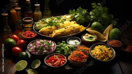 op view on mexican food assorted on dark wooden background. Appetizers and dishes of maxican cuisine. Burrito, halapeno, tabasco photo