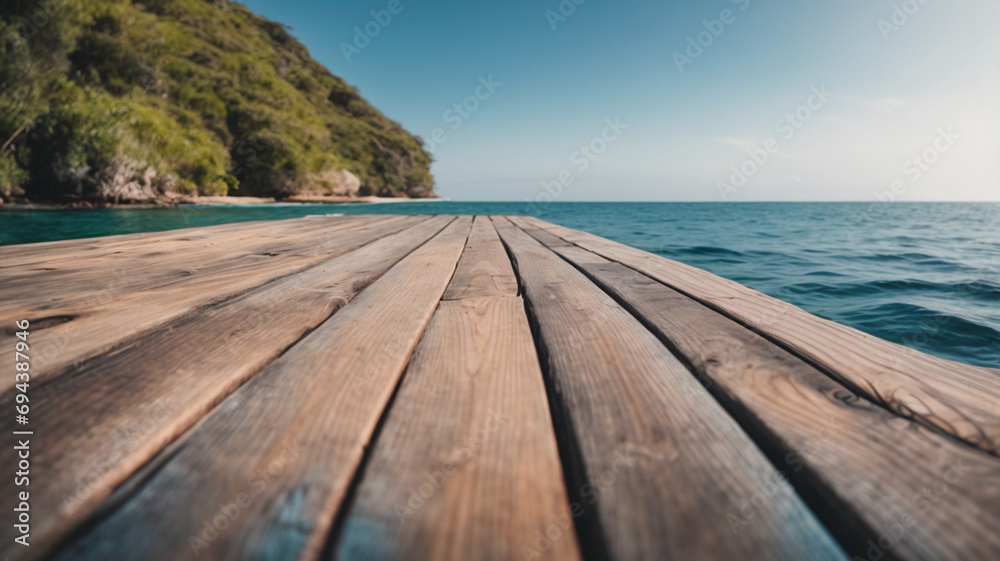 Empty wooden table on the background of the sea, island and blue sky. High quality photo, blurred bokeh. for display of assembly products, space for text