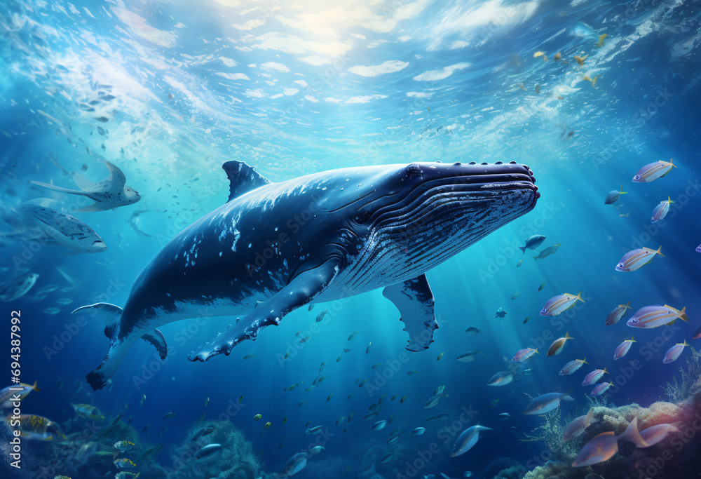 Fototapeta premium A whale swim in the sea and are surrounded by small fish soft light reflecting in the seawater, scenery of the underwater world