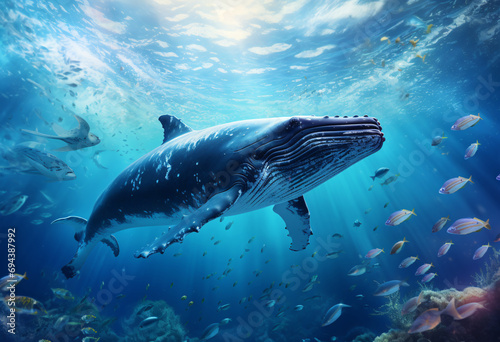 A whale swim in the sea and are surrounded by small fish soft light reflecting in the seawater, scenery of the underwater world © 1by1step