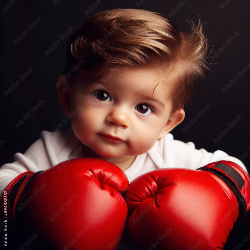 Adorable baby boy sporting red boxing gloves, set against a black background, plain studio background. ai generative Adorable baby boy sporting red boxing gloves, set against a black background, plain studio background. ai generative