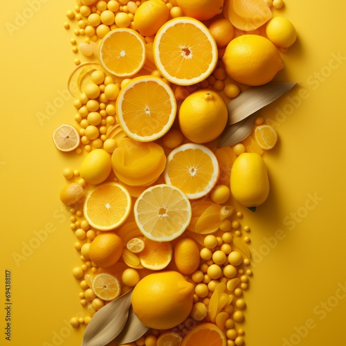 Flat lay with lemons on yellow background