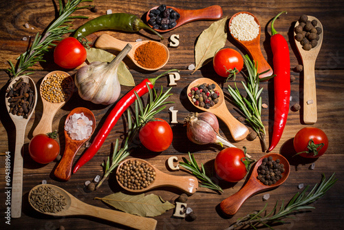 Many different spices and vegetables on a wooden table, aromatic spices and fresh vegetables for cooking, a variety of spices