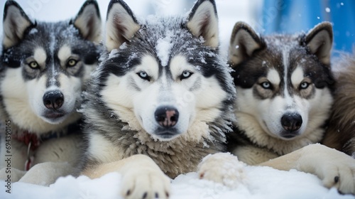 A group of huskies in a moment of rest during a snow-covered sled dog race, their endurance and strength on display in the wintery competition.