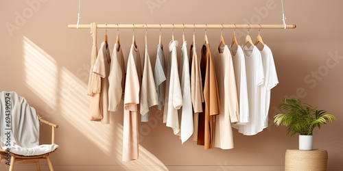 Fashion stylist curates essential wardrobe with neutral colors and wooden hangers. photo