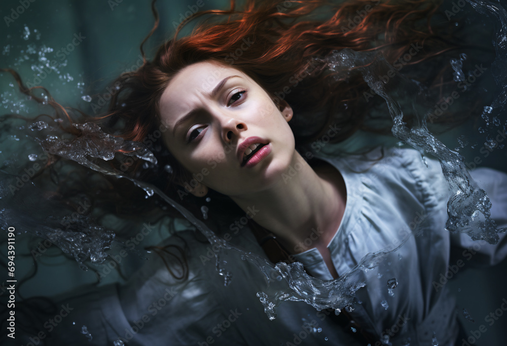 Close up of a red hair young woman in water, a Caucasian woman drowning, a beautiful red headed woman floating in water