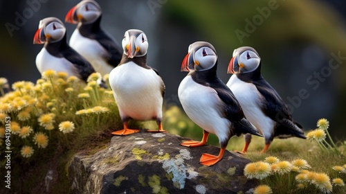 A group of playful puffins, nestled on rocky terrain near the ocean.