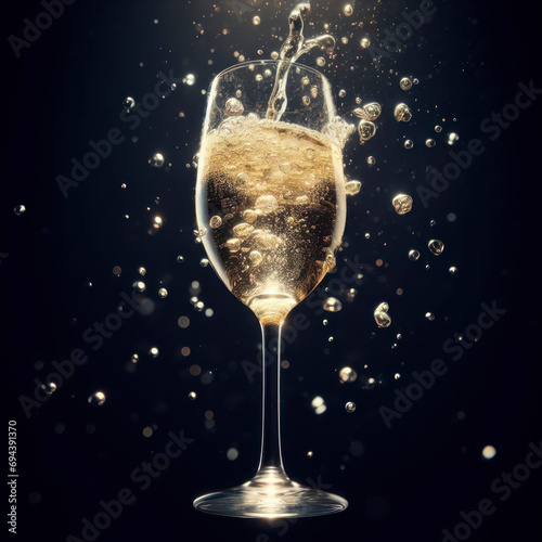 a glass filled with champagne floating in the air. ai generative