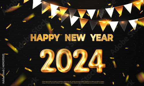 2024 Happy New Year celebration background with golden party flags and confetti. Golden metallic luxurious numbers 2024. Premium for posters, banners, calendar and greetings. Holiday Vector EPS10.