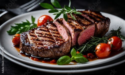 Delicious Grilled Steak with Roasted Tomatoes and Herbs on a Background, Generative AI