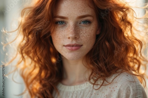 Close-up portrait of a beautiful charming redhead European model with freckled looking at camera on a white interior background. photo