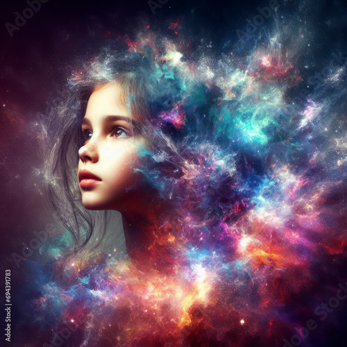 abstract portrait of a girl kid double exposure with a colorful digital paint splash or space nebula. ai generative