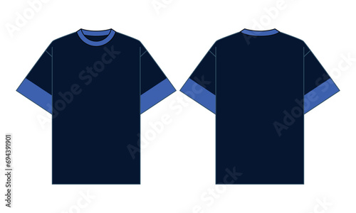 Navy-Blue Short Sleeve Oversize T-Shirt Design on White Background. Front and Back View, Vector File.