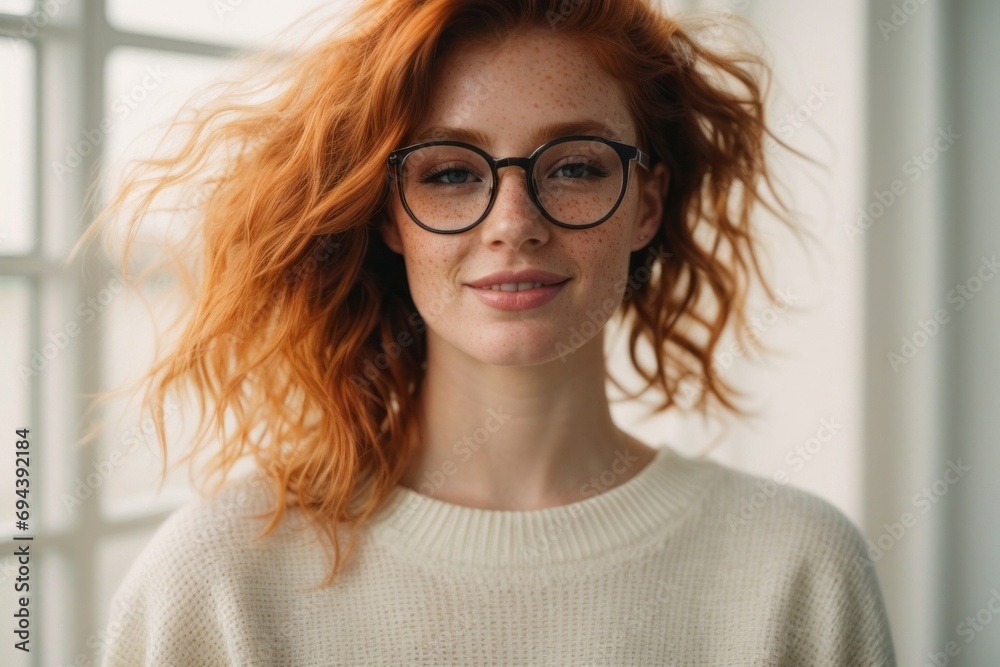 Close up of happy pretty redhead young woman with wavy hair and freckles wearing glasses and a white sweatshirt on the background of a bright interior. Close up of happy pretty redhead young woman with wavy hair and freckles wearing glasses and a white sweatshirt on the background of a bright interior.