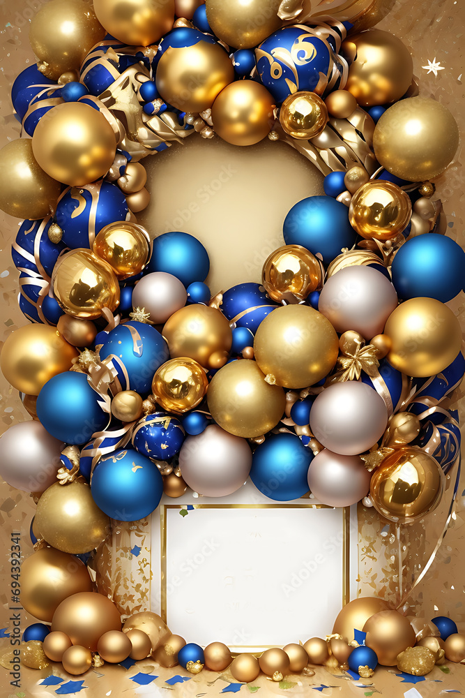 golden and blue balloons, ribbons. card for birthday, anniversary, new year, Christmas generative AI golden and blue balloons, ribbons. card for birthday, anniversary, new year, Christmas generative AI