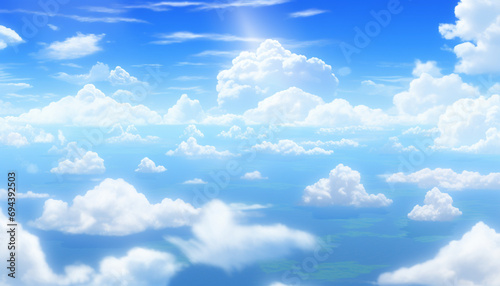 Expansive view of a high-altitude sky with fluffy white clouds and a clear blue backdrop  imparting a serene and open atmosphere