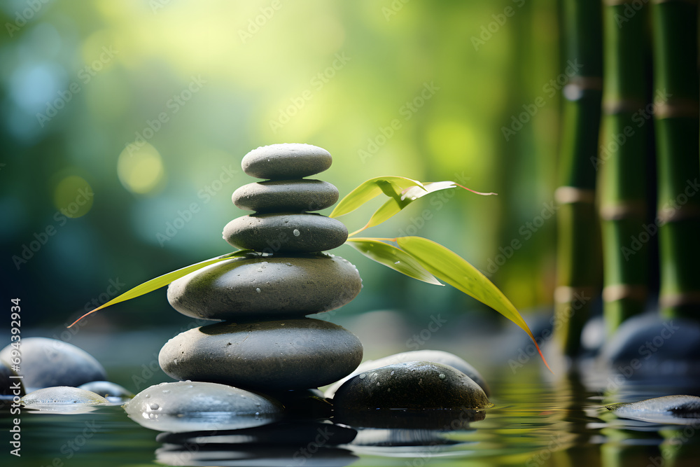 a stack or pyramid of stones, bamboo stalks near the water. a balancing pebble stone. the concept of relaxation. a stack or pyramid of stones, bamboo stalks near the water. a balancing pebble stone. the concept of relaxation.