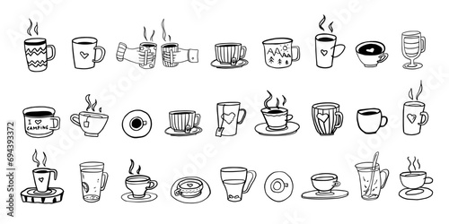 Big set of cups and mugs in doodle style. I love tea, tea time, coffee time, cup of coffee, mug of tea, travel mug. Mug in hand. Hand drawn. Vector illustration EPS10. Isolated on white background