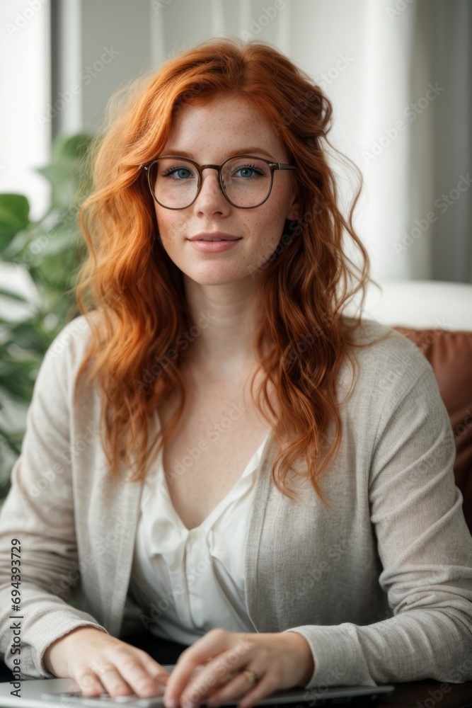 An attractive redhead woman wearing glasses and a stylish suit is sitting at a desk and working on a laptop in a cozy office. Businesswoman, Blogger, Secretary, Accountant, favorite job of the concept An attractive redhead woman wearing glasses and a stylish suit is sitting at a desk and working on a laptop in a cozy office. Businesswoman, Blogger, Secretary, Accountant, favorite job of the concept