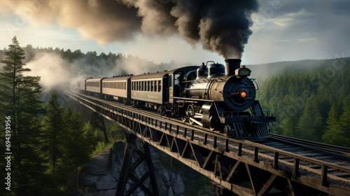Majestic Black Steam locomotive belching smoke as it goes over a trestle during the American