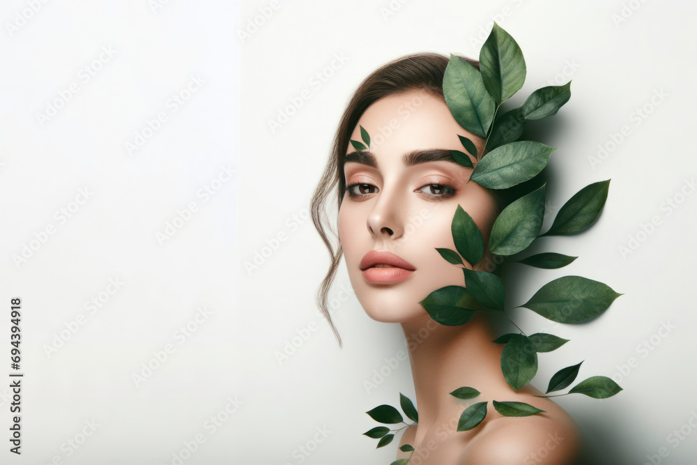 Woman Face With Leaf Texture Space For Text. Serene Face With Leafy Texture. ai generative Woman Face With Leaf Texture Space For Text. Serene Face With Leafy Texture. ai generative