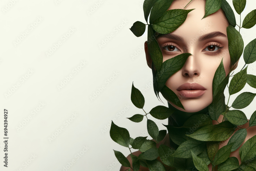 Woman Face With Leaf Texture Space For Text. Serene Face With Leafy Texture. ai generative