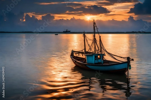 fishing boat during the dusk. With Le Morn Brabant in the backdrop. panoramic view © Muhammad