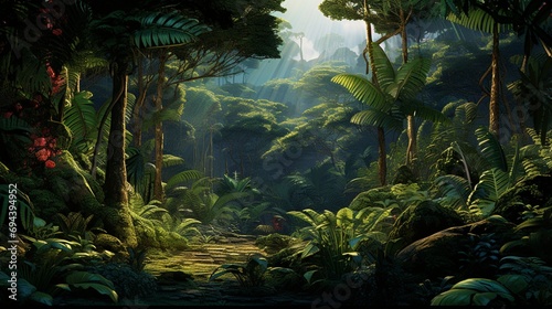 A jungle scene with dense tropical trees and ferns.