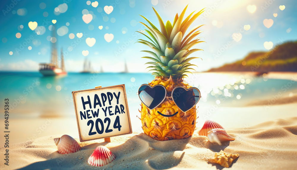 Tropical New Year Celebration, Pineapple with Sunglasses on the Beach. - obrazy, fototapety, plakaty 