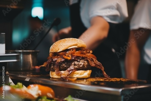 Fast food order preparation chef burgers cooking meat steak meal restaurant indoor service employees working hamburger cheeseburger lunch meat buns bread frying cafeteria cafe oven american close-up photo