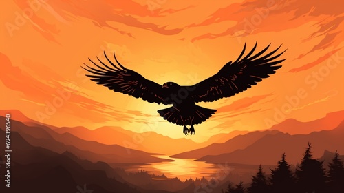 A lone kite bird, silhouetted against an orange-hued sky, wings outstretched. © irfana
