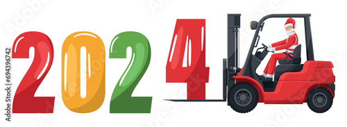 Santa Claus driving a forklift placing the year 2024. Celebrating the beginning of a happy new year. Christmas campaign for cargo logistics and shipping of high demand merchandise