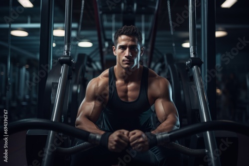 Strong powerful athletic European Caucasian man doing bodybuilding barbell in gym masculine guy on workout bodybuilding working out exercising male fitness sport training body sportsman use equipment