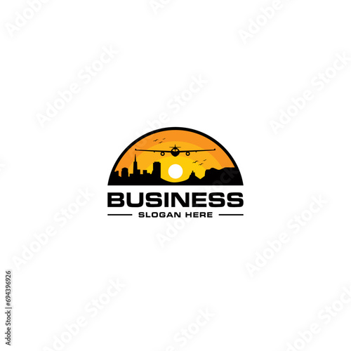 City, Desert, Plane and Sunset or Sunrise logo or icon design
