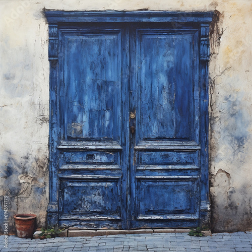 Weathered Blue Door in Old Residential District